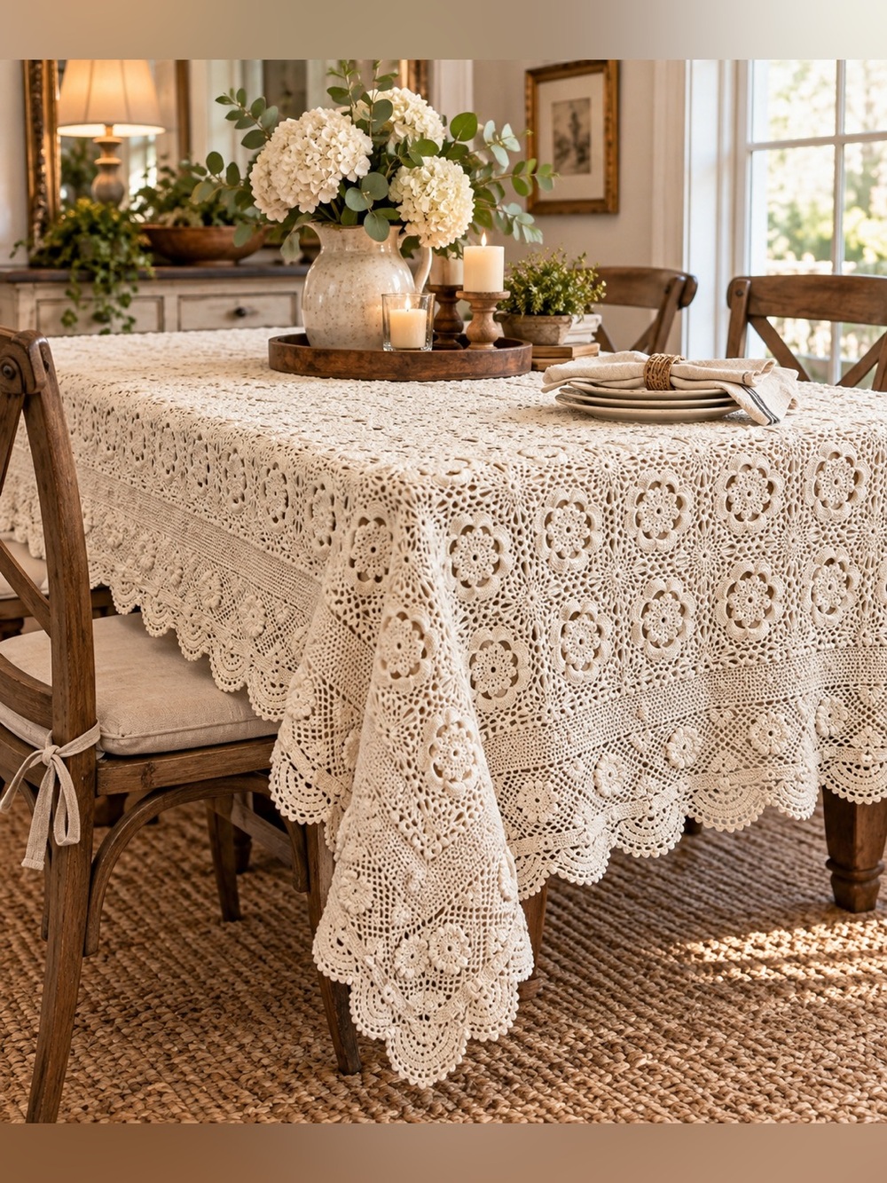 Vintage Handmade Crochet Tablecloth 78x68 Ivory Floral Lace Scalloped